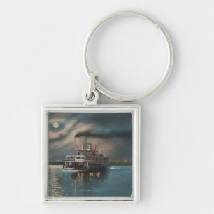 Cairo, IL - Night View of Steamer on Miss. River Key Ring