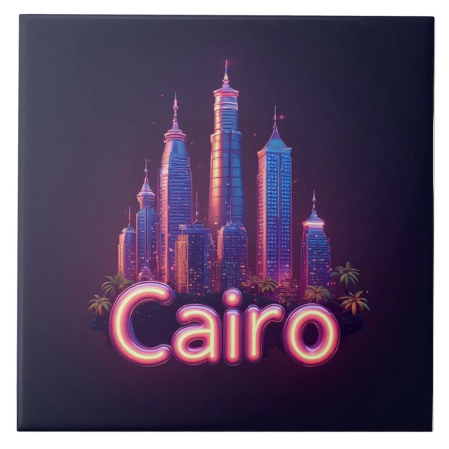 Cairo Neon Skyline With Modern Skyscr Ceramic Tile (Front)