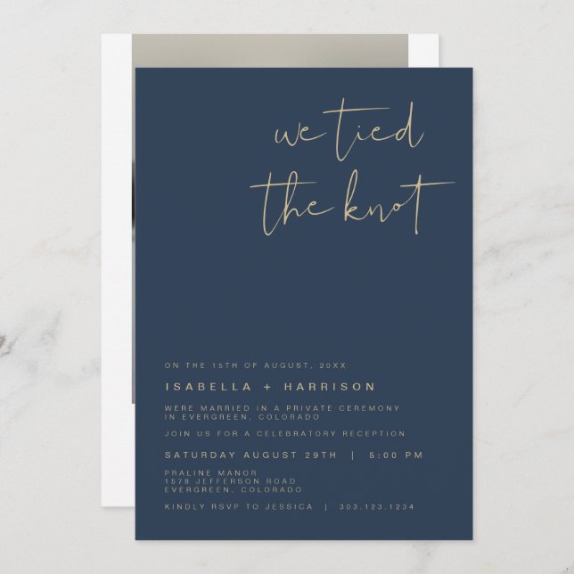 CAITLIN Edgy Navy Gold Photo Elopement Reception Invitation (Front/Back)