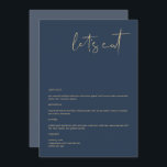 CAITLIN Modern Navy and Gold 5x7" Let's Eat Menu<br><div class="desc">This menu features an edgy handwritten font and modern minimalist design with a modern navy blue and gold colour combination. Easily edit *most* wording to match your needs. This menu makes the perfect addition to your simple contemporary or bohemian baby shower, bridal shower, wedding, retirement or any other event! All...</div>