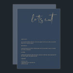 CAITLIN Modern Navy and Gold 5x7" Let's Eat Menu<br><div class="desc">This menu features an edgy handwritten font and modern minimalist design with a modern navy blue and gold colour combination. Easily edit *most* wording to match your needs. This menu makes the perfect addition to your simple contemporary or bohemian baby shower, bridal shower, wedding, retirement or any other event! All...</div>