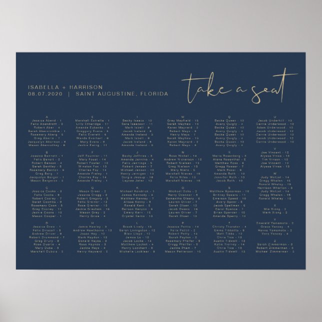 CAITLIN Navy and Gold Modern Alphabetical Seating  Poster (Front)