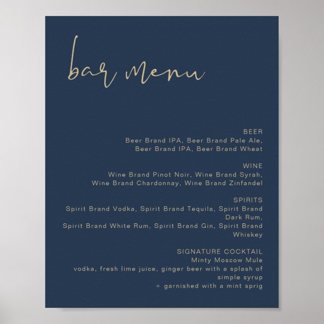 CAITLIN Navy and Gold Wedding Bar Menu Poster (Front)