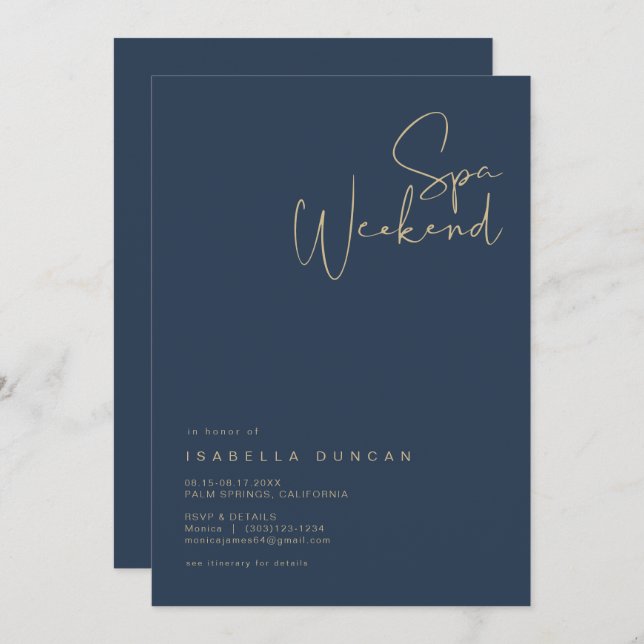 CAITLIN Navy & Gold Spa Day Bachelorette  Invitation (Front/Back)