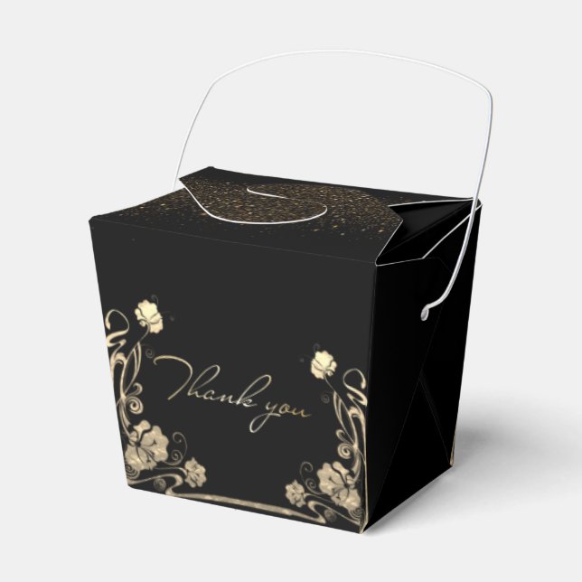 Caja de regalo negra con flores doradas favour box (Front Side)