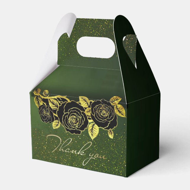 Caja de regalo verde con flores doradas favour box (Front Side)