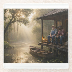 Cajun Fishermen On Bayou Cabin Porch Glass Coaster