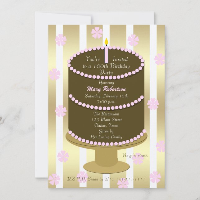 Cake 100th Birthday Party Invitation in Pink (Front)