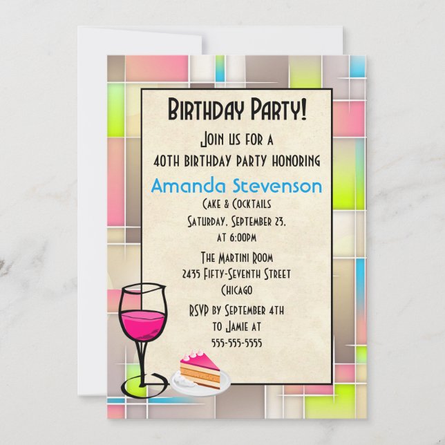 Cake and Cocktails Geometric Design Birthday Invitation (Front)