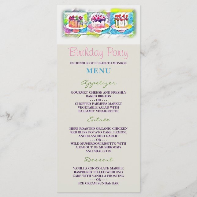 Cake Art Birthday Party Menu (Front)
