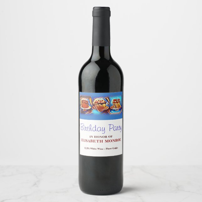 Cake Art Blue Birthday Party Wine Label (Front)