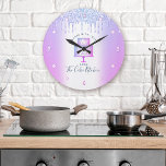 Cake Bakery Pastry Chef Purple Glitter Drips Chic Large Clock<br><div class="desc">Make a stylish impression with this elegant, sophisticated, simple, and modern custom name wall clock. A sparkly, purple, pink, blue 2 layer cake, script handwritten typography and glitter drips overlay a faux metallic purple blue ombre background. Personalise with your full name, business, or other info. Your choice of a round...</div>