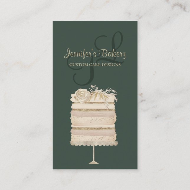 Cake Bakery Pastry Patisserie sage green elegant Business Card (Front)