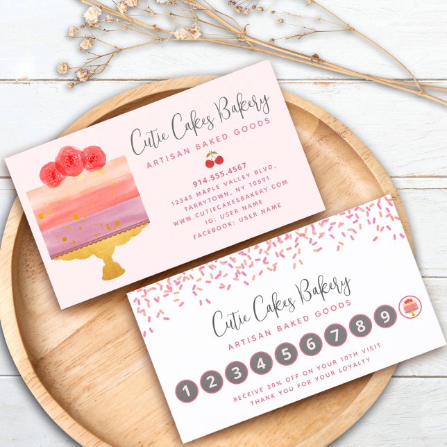 Cake Bakery Pink Coral Sprinkles Pastry Chef Chic Loyalty Card (Creator Uploaded)