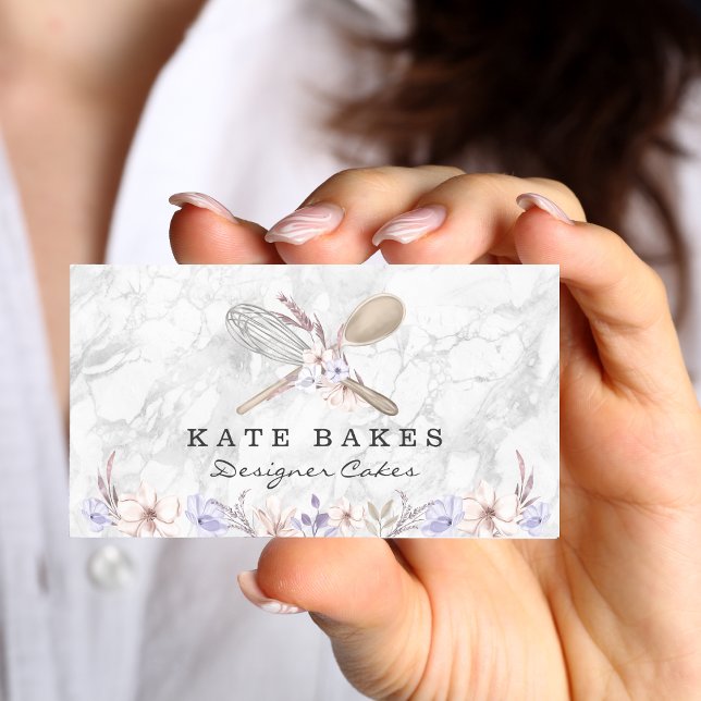 Cake Baking Marble Floral Watercolor Business Card (Creator Uploaded)