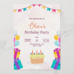 Cake & Balloons Birthday Invitation, Kids Birthday Invitation