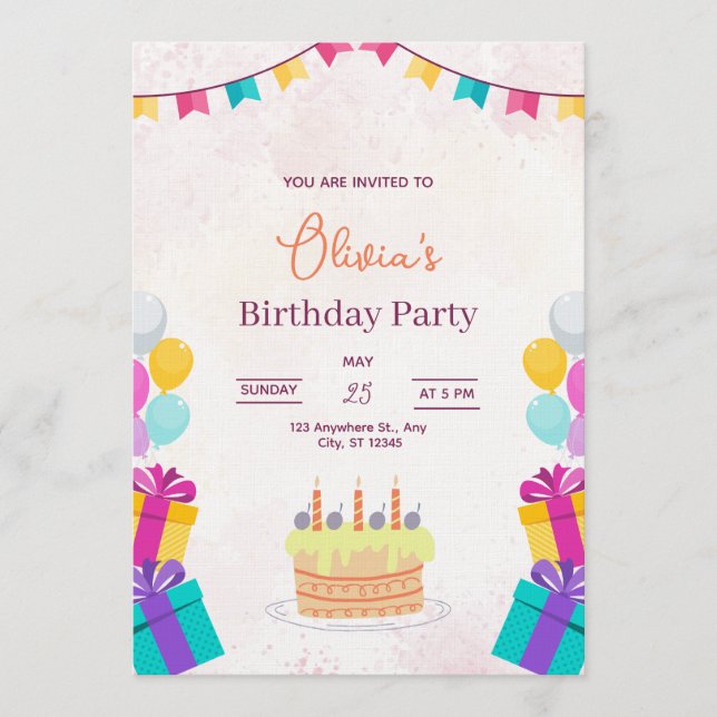 Cake & Balloons Birthday Invitation, Kids Birthday Invitation (Front)