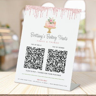 Cake Blush Pink 2 QR Code Pay Here Bakery Glitter Pedestal Sign