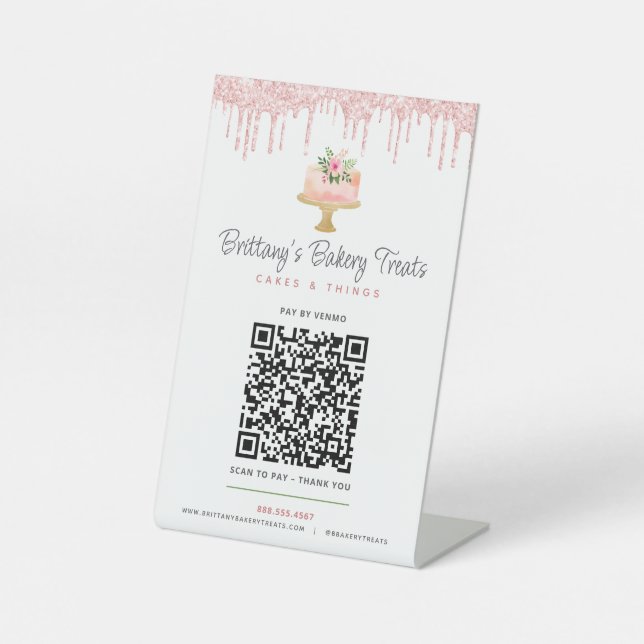 Cake Blush Pink QR Code Pay Here Bakery Glitter Pedestal Sign (Front)