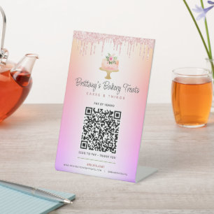 Cake Blush Pink QR Code Pay Here Glitter Ombre Pedestal Sign