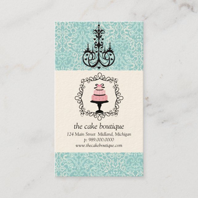 Cake Boutique Fancy Teal Damask Business Cards (Front)