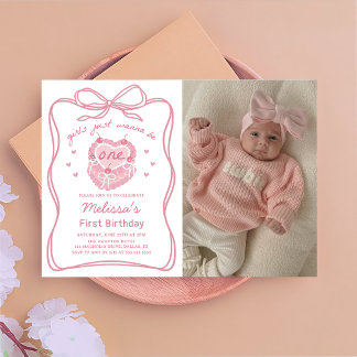 Cake Bow Girls Just Wanna Be One Birthday Photo Invitation