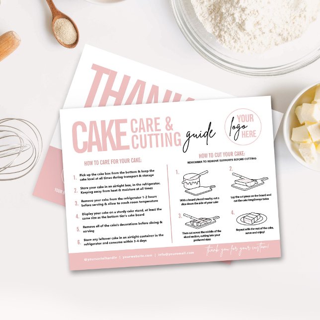 Cake Care & Cutting Guide v3, Cake Serving Guide Postcard (Cake care guide and cake cutting instructions card with reverse side business thank you card)