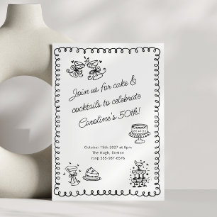 Cake Cocktails 50th Birthday Black White Doodle  Invitation