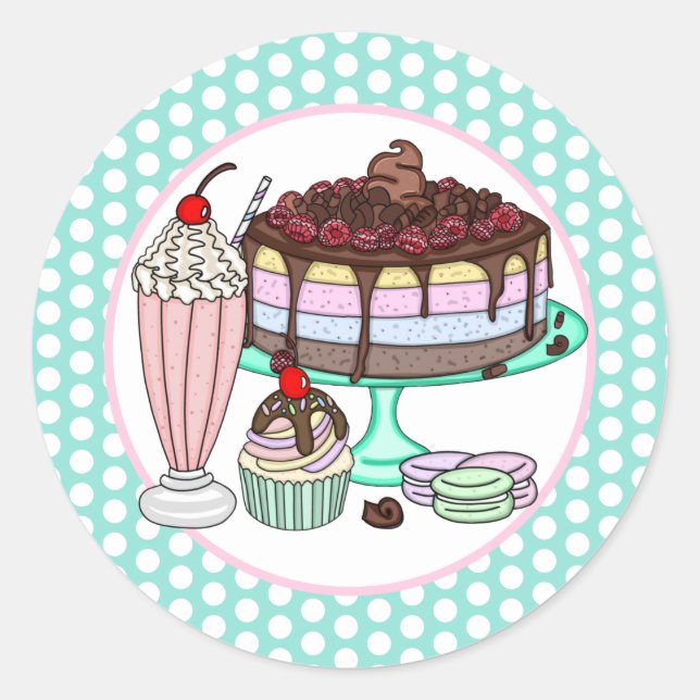 Cake, Cupcake, Milkshake and Macaroons   Classic Round Sticker (Front)