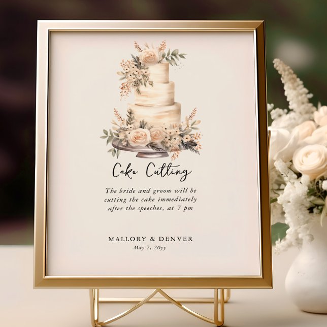Cake Cutting Neutral Wedding Reception Information Poster (Cake Cutting Sign from Romantic Wedding signs collection by Darling & May)