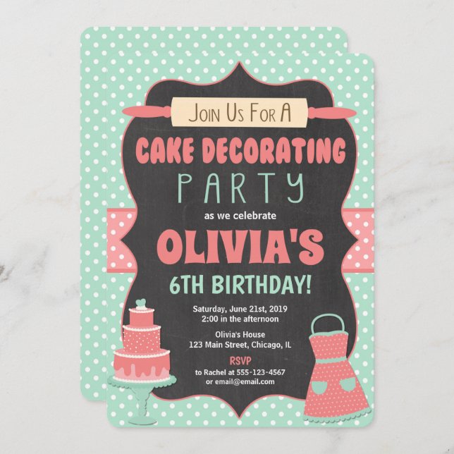 Cake decorating cupcake birthday party invitations (Front/Back)