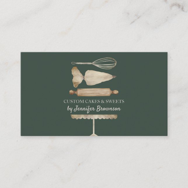 Cake Decoration Bakery Utensils sage retro gold Business Card (Front)