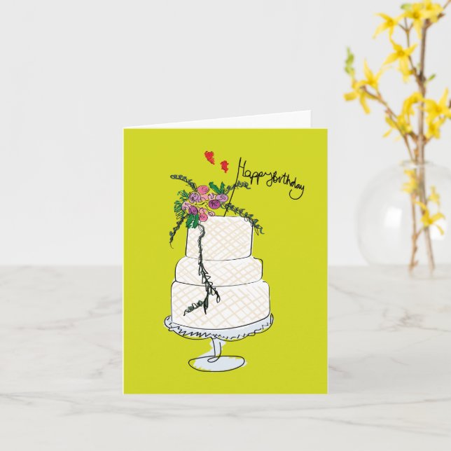 Cake doodle illustration Happy Birthday card (Yellow Flower)