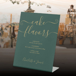 Cake Flavours Emerald Green And Gold Script Pedestal Sign