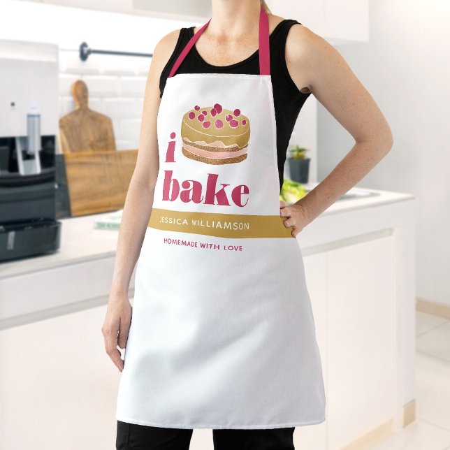 Cake Gold Burgundy Red Bake Modern Bold Typography Apron (Creator Uploaded)