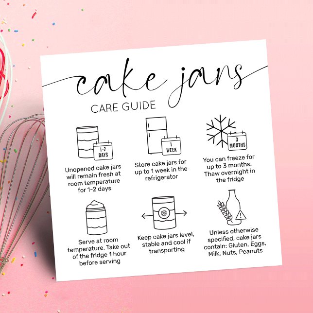 Cake Jar Care Instructions Minimal Cake Bakery Square Business Card (Minimalist modern cake jars care cards with care icons, elegant script font)