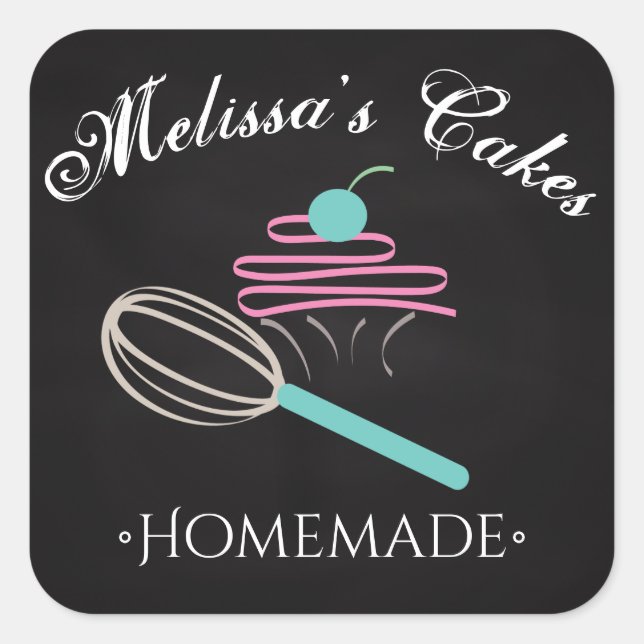 Cake Logo Whisk Homemade Bakery Chalkboard Square Sticker (Front)