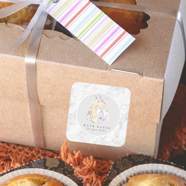 Cake Mixer Bakery Floral Marble Gray Watercolour Square Sticker (Creator Uploaded)