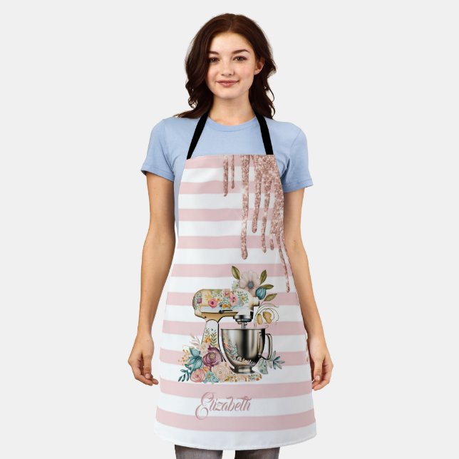 Cake Mixer,Flowers,Glitter Drips, Stripes   Apron (Worn)