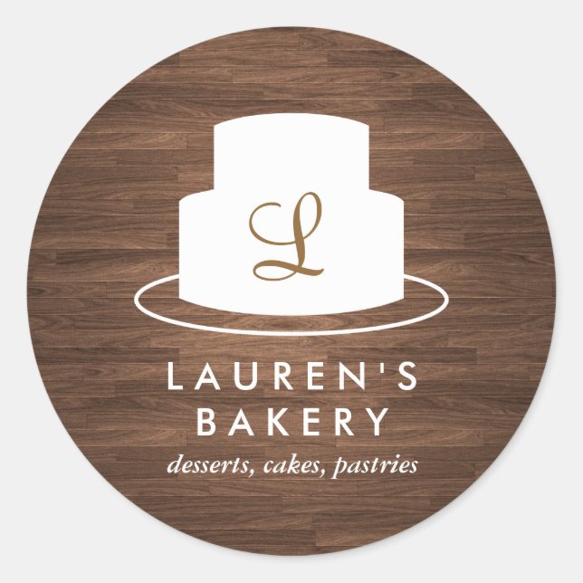 Cake Monogram Logo in White on Brown Woodgrain Classic Round Sticker (Front)