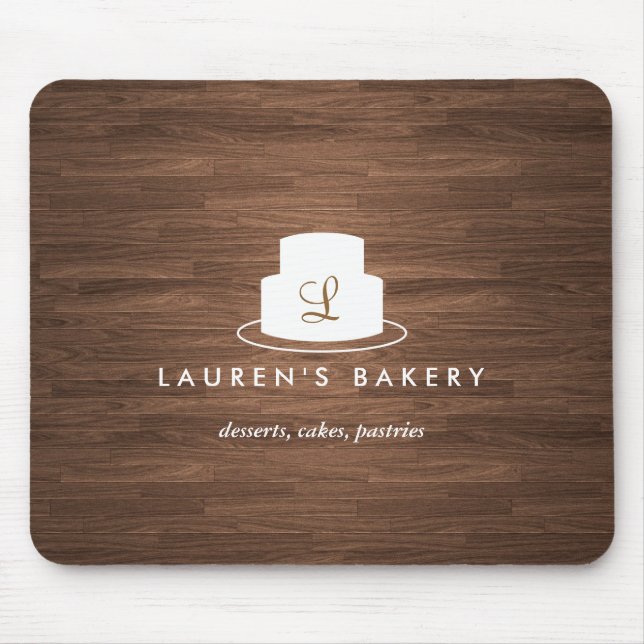 Cake Monogram Logo in White on Brown Woodgrain Mouse Pad (Front)