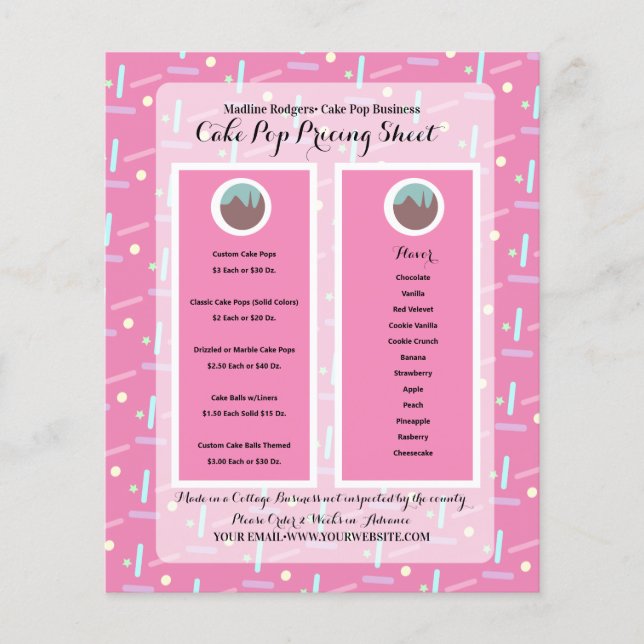 Cake Pop Business Logo Sprinkles Pricing List Flyer (Front)