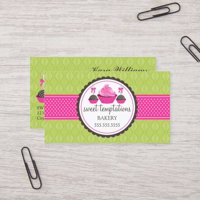 Cake Pops and Cupcake Green Pink Business Card (Front/Back In Situ)