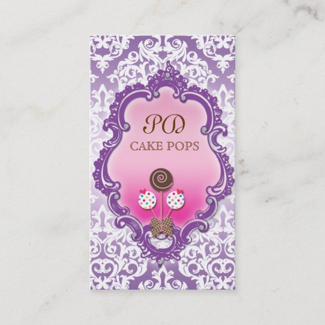 Cake Pops Business Card Retro Damask Pink Purple (Front)