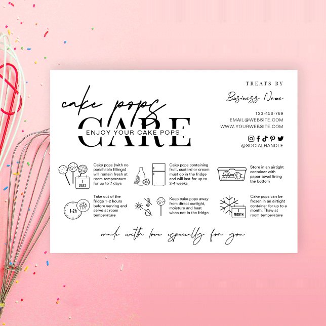 Cake Pops Instructions Minimalist Logo Bakery Thank You Card (Minimalist black and white cake pops care & storage guide for your bakery)