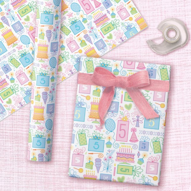 Cake Presents Balloons 5th Birthday Wrapping Paper Sheet (Creator Uploaded)