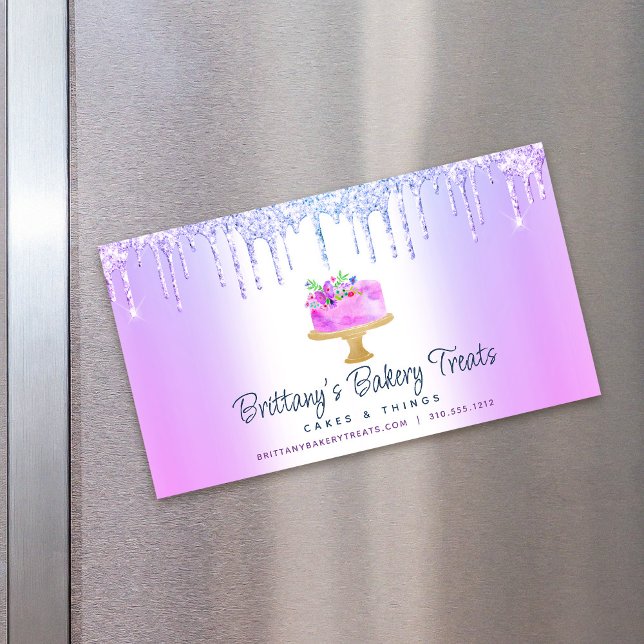 Cake Purple Ombre Glitter Drips Bakery Pastry Chef Magnetic Business Card (Creator Uploaded)