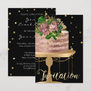 Cake Rose Gold Birthday Black Confetti Glitter Invitation
