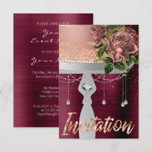Cake Rose Gold Crystals Silver Confetti Burgundy Invitation