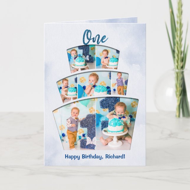 Cake Smash Photo Collage Boy First Birthday Card (Front)